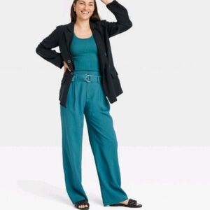 NWT A new day Women's High-Rise Relaxed Fit Straight Belted Trousers Teal